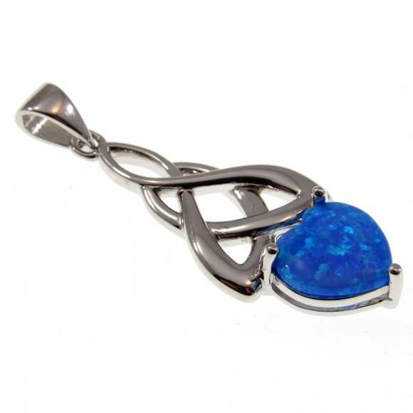 Solid 925 Sterling Silver and Blue Opal Celtic Infinity Knot Heart Pendant - Picture 3 of 5